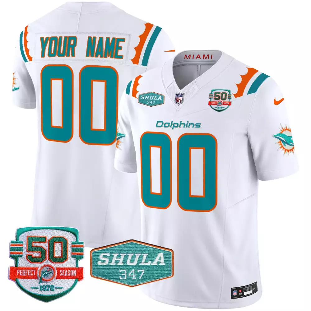 Custom Miami Dolphins Jersey White 50th Perfect Season Shula 347 2022 Men Teal Orange