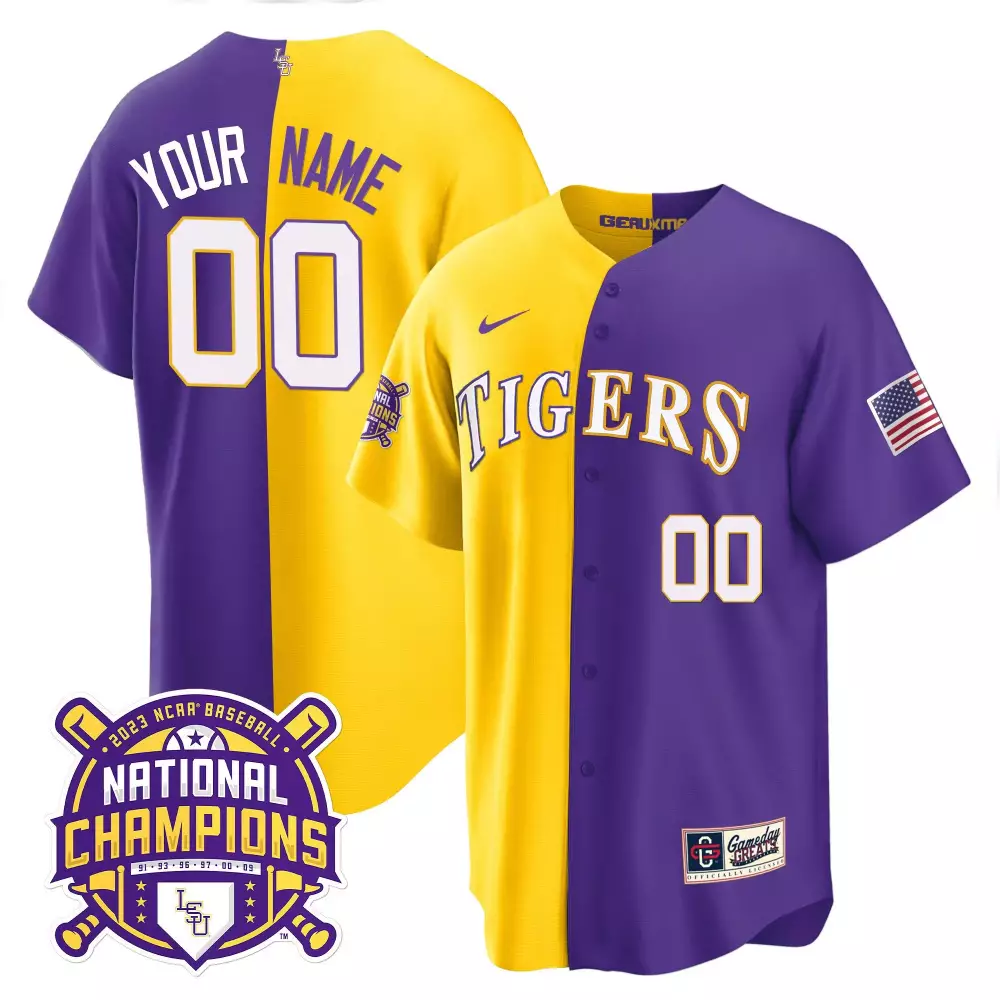 Custom Tigers Jersey Purple 2023 National Champions American Flag Baseball Men Split