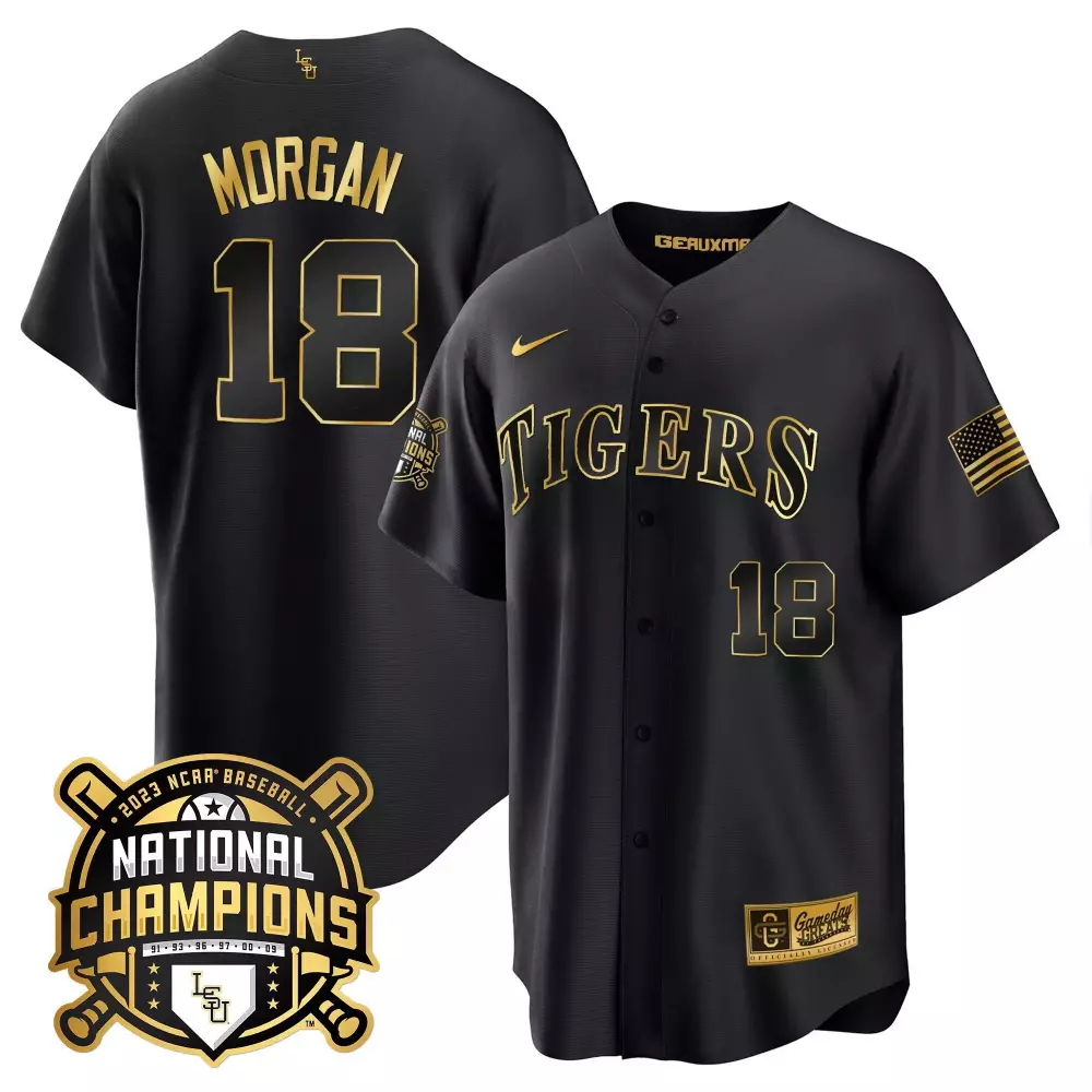 Tre Morgan 18 Tigers Jersey Black 2023 National Champions Baseball Lsju Men Gold