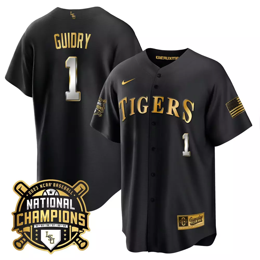 Weylin Guidry 1 Tigers Jersey Black 2023 National Champions Baseball American Flag