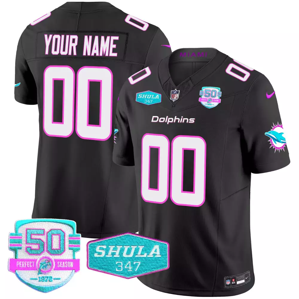 Custom Dolphins Jersey Black Perfect Season Shula 347 50 1972 Men NFL White Pink