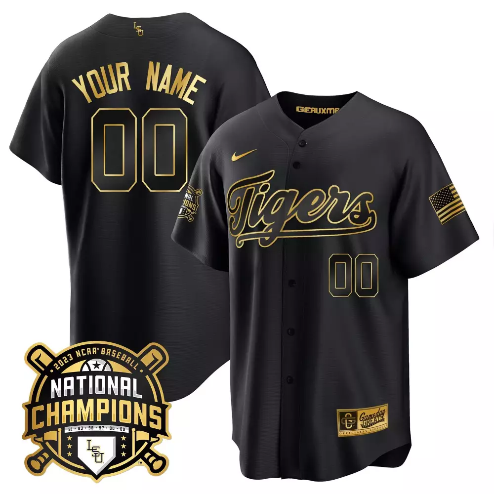 Custom Lsu Tigers Jersey Black 2023 Ncaa National Champions Baseball American Flag