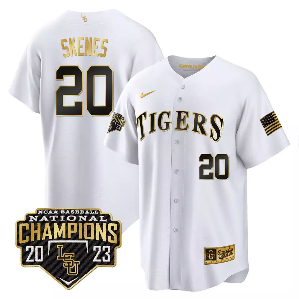 Paul Skenes 20 Tigers Jersey White National Champions 2023 Baseball American Flag