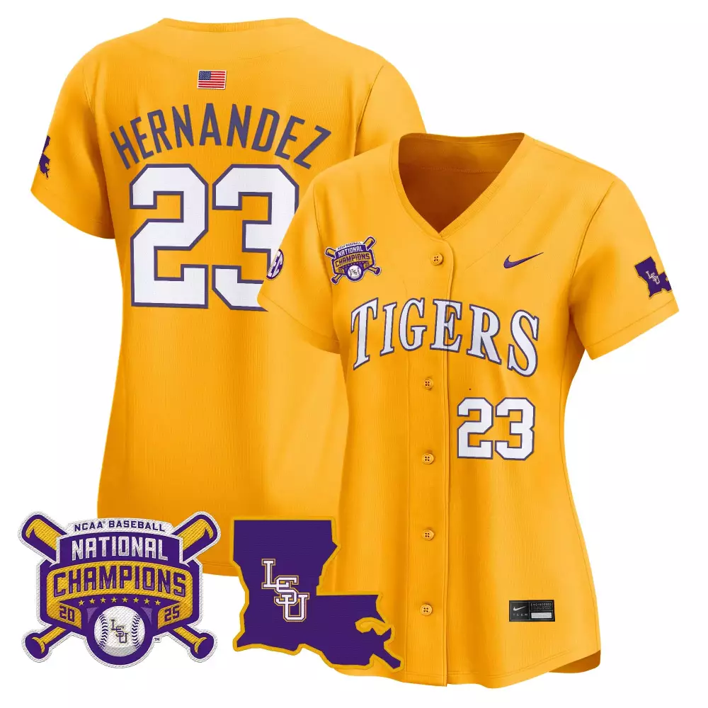 Hernandez 23 Lsu Tigers Jersey Yellow Ncaa National Champions Baseball 2025 USA Flag
