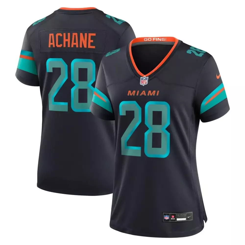 De'von Achane 28 Miami Dolphins Jersey Black Women Player Alternate Teal Orange Collection