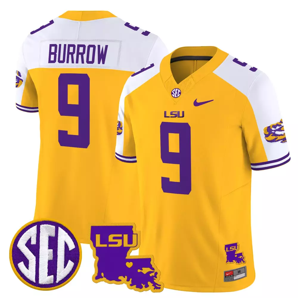 Burrow 9 Lsu Jersey Yellow Men White Purple Stitched Limited