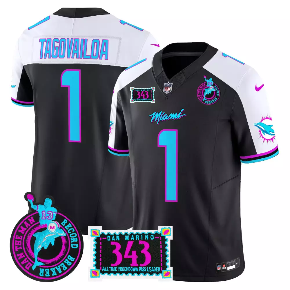 Tua Tagovailoa 1 Miami Dolphins Jersey Black Nights Dan Man Record Breaker 2023 Men