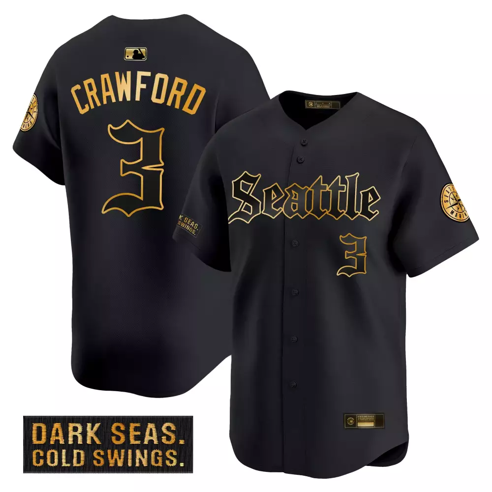 Crawford Seas 3 Seattle Mariners Jersey Black Dark Cold Swings. Men Gold Stitched