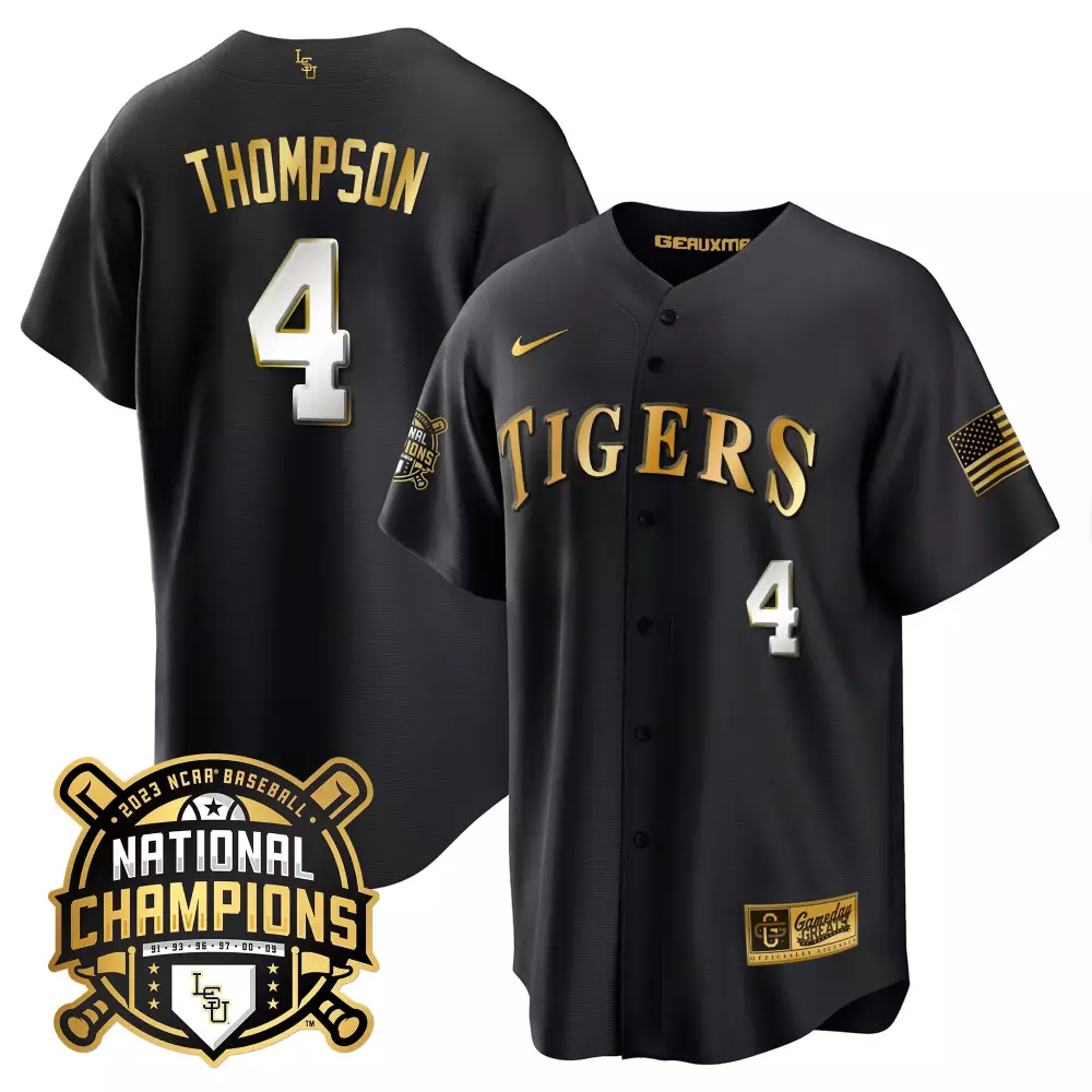Thompson 4 Tigers Jersey Black National Champions 2023 Baseball Geaux Men Gold Limited