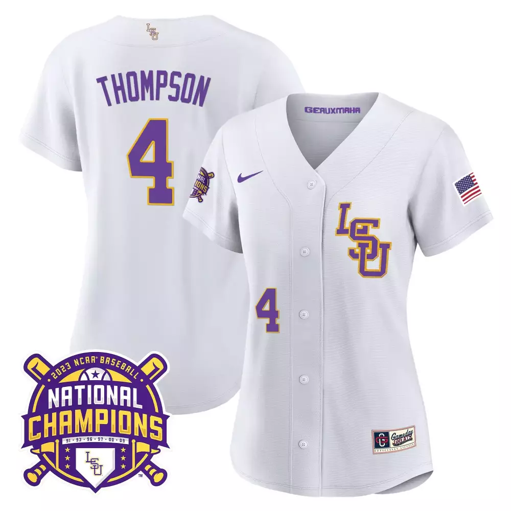 Thompson 4 Lsu Jersey White 2023 National Champions Baseball Men Purple Gold Cool