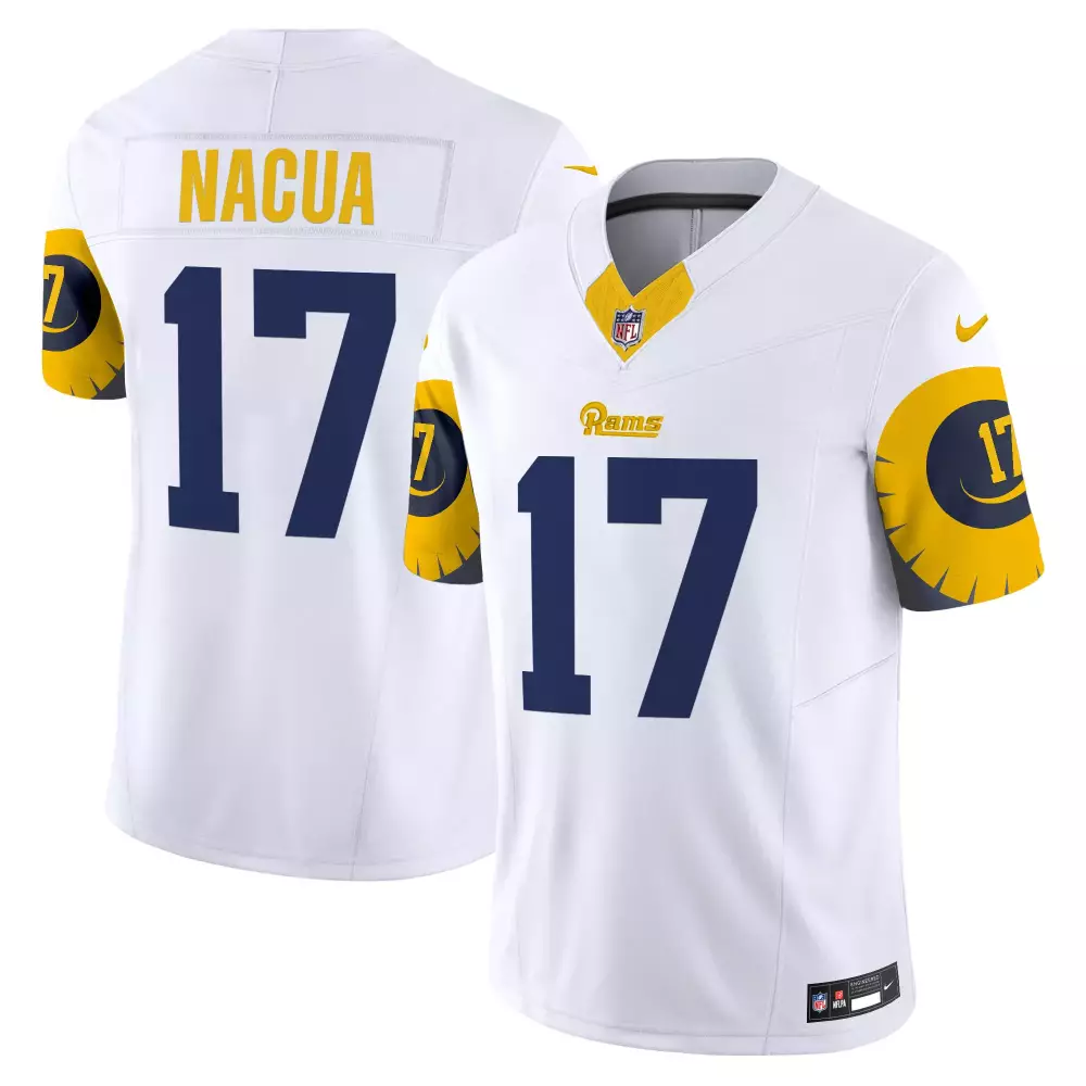 Puka Nacua 17 Rams Jersey White Men Navy Yellow Vapor Limited All Stitched