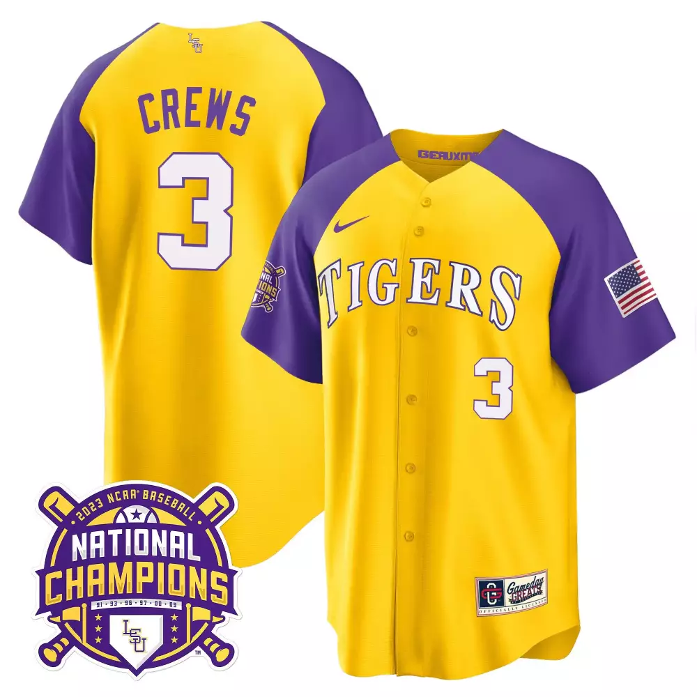 Dylan Crews 3 Tigers Jersey Yellow National Champions 2023 Baseball Men Purple Alternate