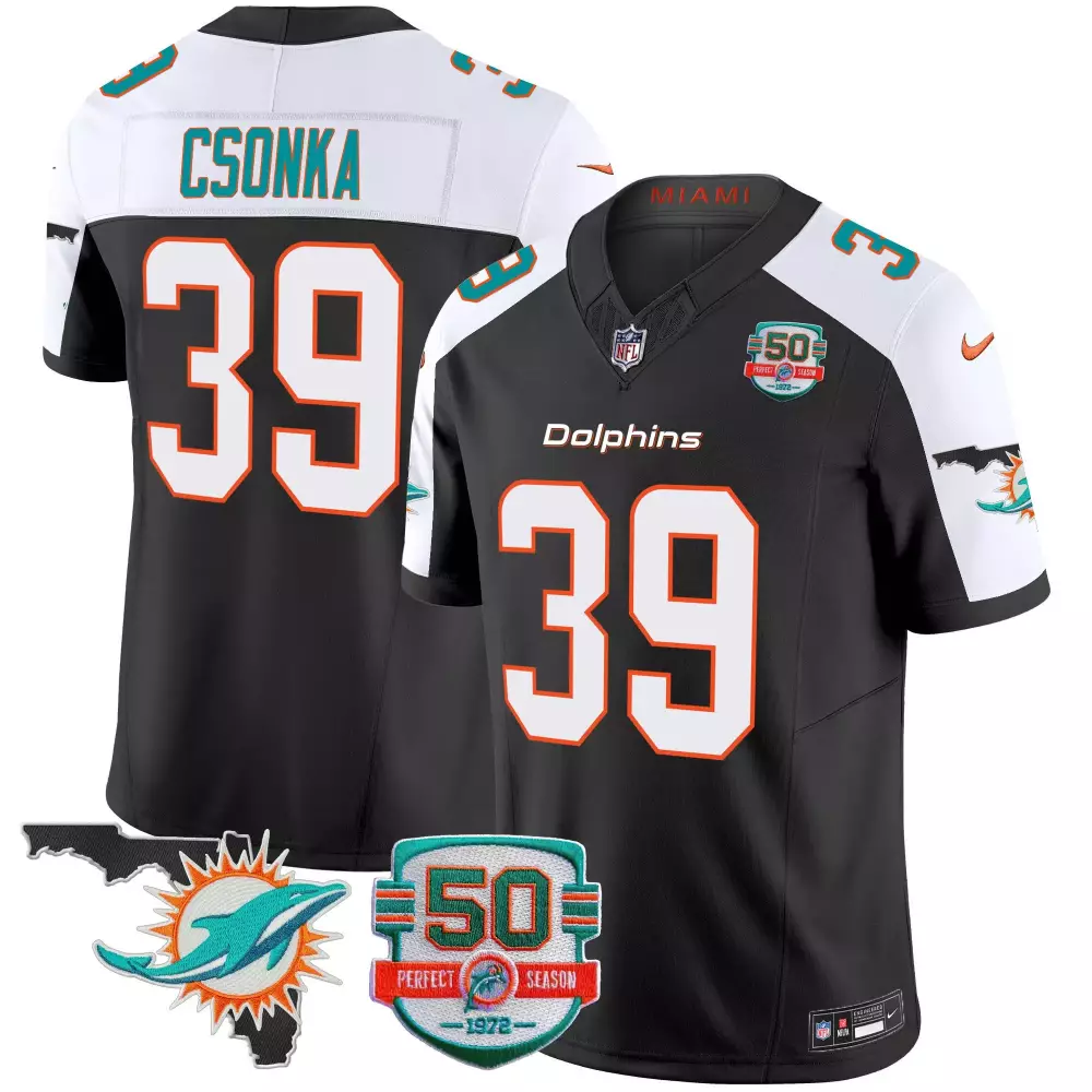 Larry Csonka 39 Miami Dolphins Jersey Black 50th Season Perfect Florida Outline Dolphin 2022