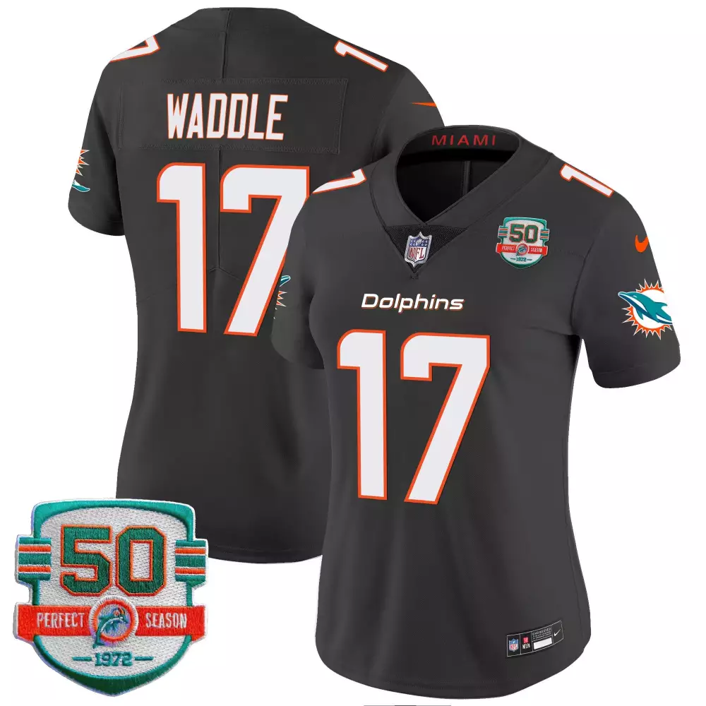 Jaylen Waddle 17 Miami Dolphins Jersey Black 50th Season Perfect 1972 Women Replica