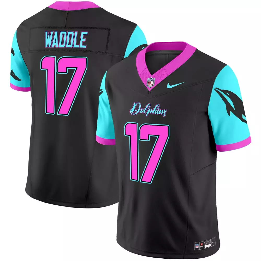 Jaylen Waddle 17 Dolphins Jersey Black Men Alternate Split Design Aqua Pink Vapor