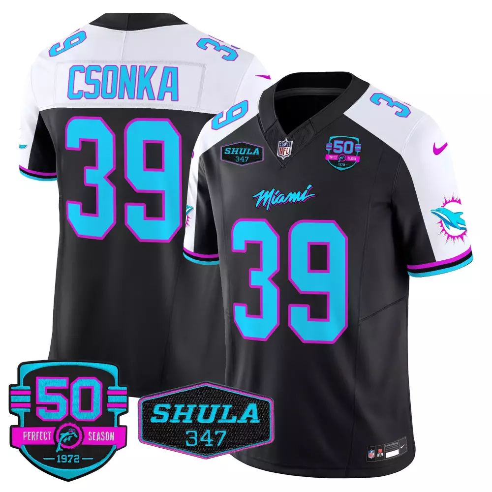 Larry Csonka 39 Miami Dolphins Jersey Black Perfect Season 50 1972 Shula 347 Men
