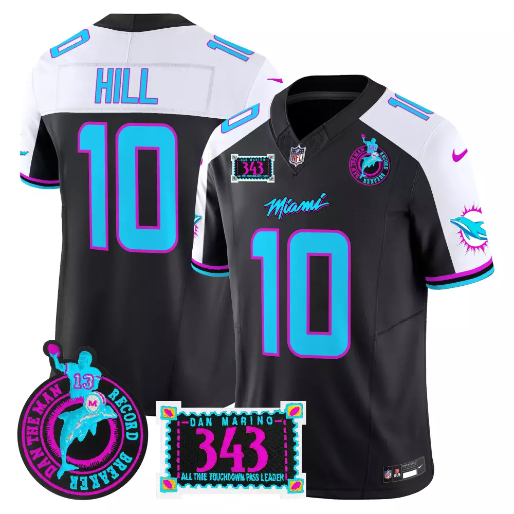 Tyreek Hill 10 Miami Dolphins Jersey Black Aqua And Pink Dan Man Record Breaker Men