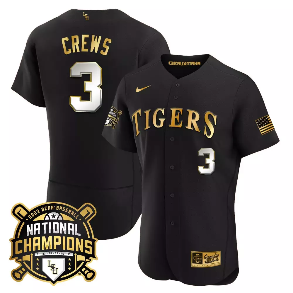 Dylan Crews 3 Tigers Jersey Black 2023 Ncaa Baseball National Champions American Flag