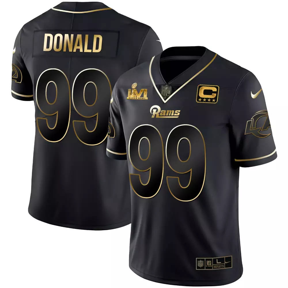 Aaron Donald 99 Rams Jersey Black Super Bowl Lvi Captain Men Player Gold Stitched