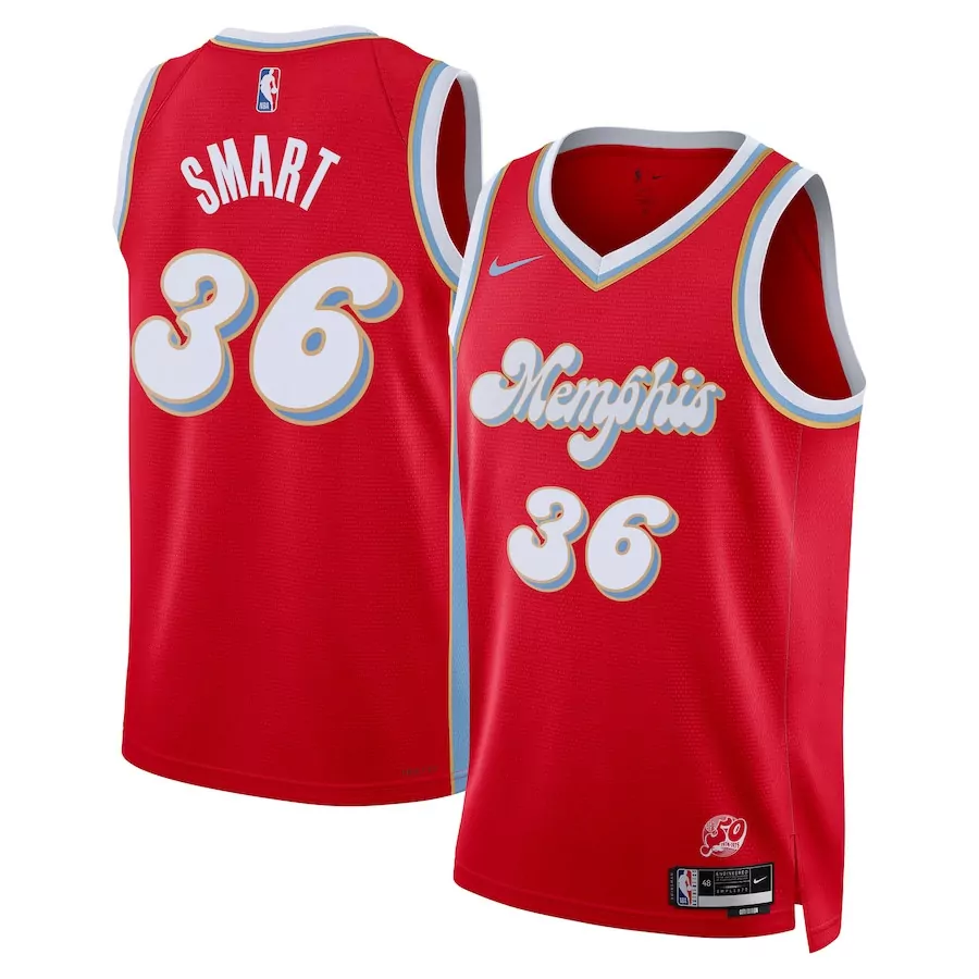 Marcus Smart 36 Memphis Jersey Red Men Text Light Blue White Gold Swingman All Stitched