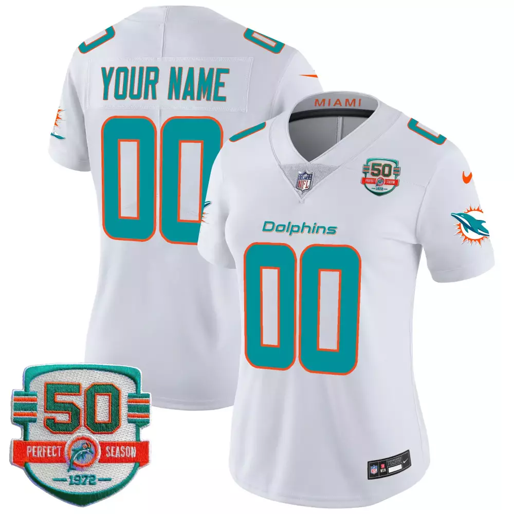 Custom Dolphins Jersey White 50th Anniversary Season 1972 Teal Orange All Stitched