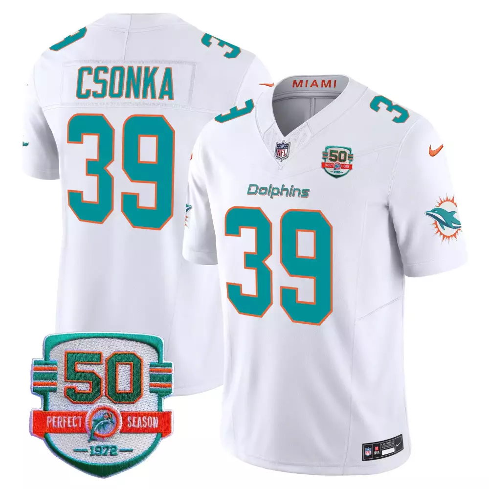 Larry Csonka 39 Miami Dolphins Jersey White 50th Perfect Season 1972 Men Aqua Orange
