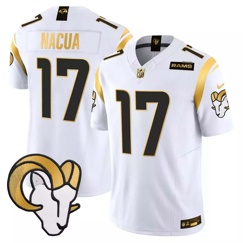 Puka Nacua 17 Rams Jersey White Horn Men Alternate Black Gold Vapor Limited All Stitched