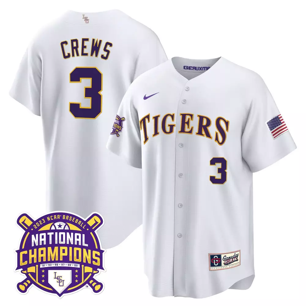 Dylan Crews 3 Lsu Tigers Jersey White 2023 National Champions Baseball Men Purple