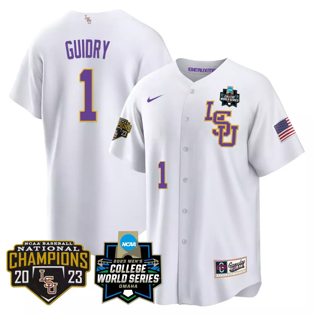Weylin Guidry 1 Lsu Jersey White 2023 Men's College World Series Baseball National Champions American Flag