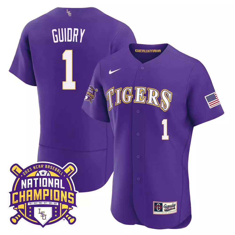 Weylin Guidry 1 Tigers Jersey Purple 2023 Ncaa Baseball National Champions American Flag