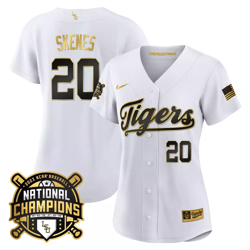Paul Skenes 20 Lsu Tigers Jersey White 2023 National Champions Baseball Men Gold