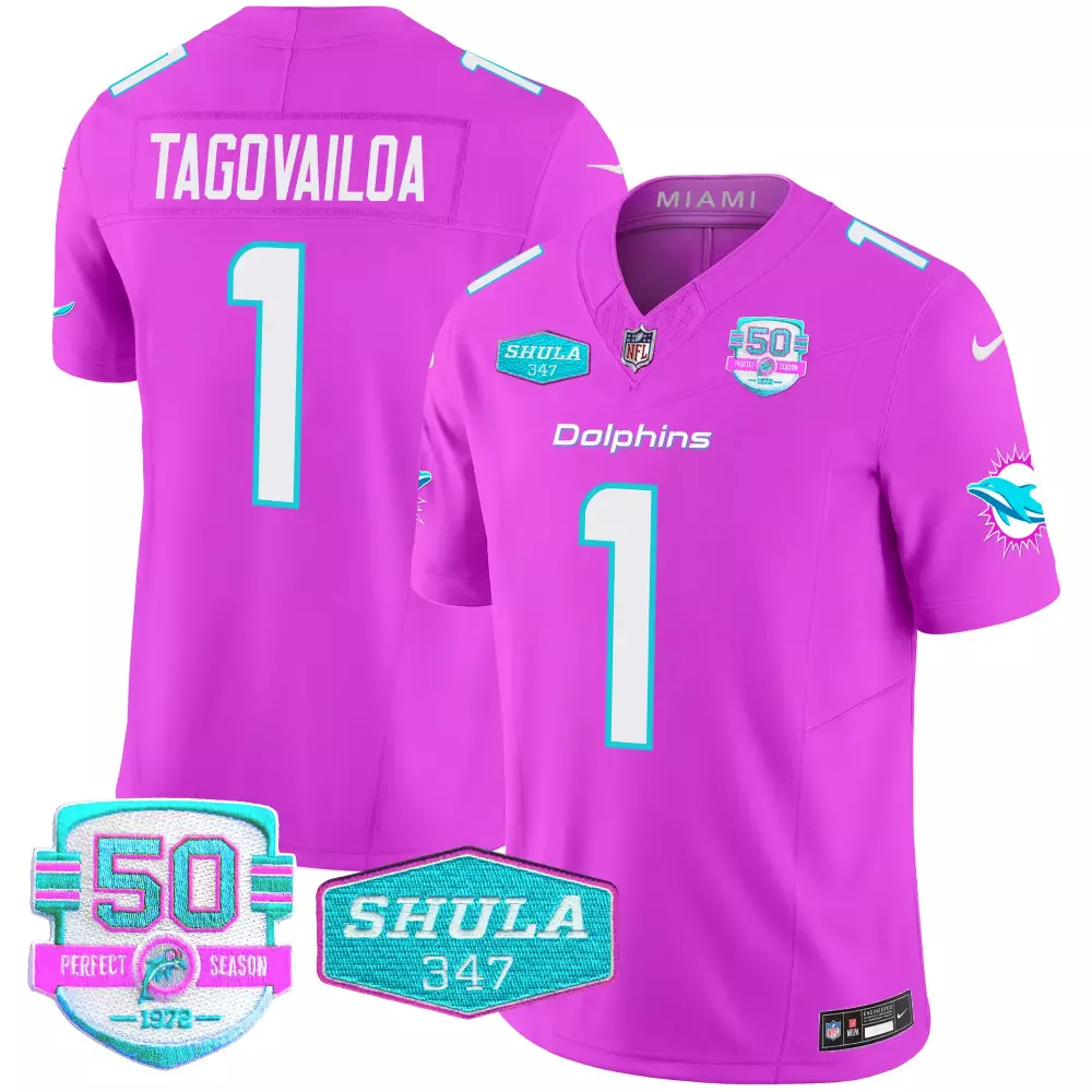 Tua Tagovailoa 1 Dolphins Jersey Pink 50th Perfect Season 1972 Shula 347 Men Uniform