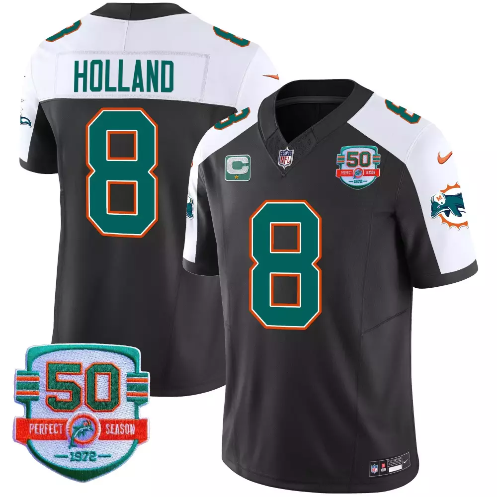 Jevon Holland 8 Miami Dolphins Jersey Black 50th Perfect Season 1972 Men White Teal