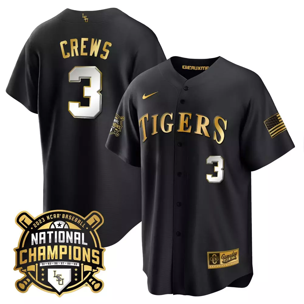 Dylan Crews 3 Tigers Jersey Black National Champions 2023 Baseball American Flag