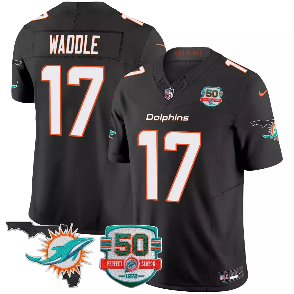 Jaylen Waddle 17 Miami Dolphins Jersey Black 50th Perfect Season 1972 Florida Outline