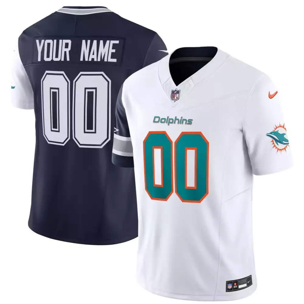 Custom Dolphins Jersey White Replica Aqua Orange All Stitched
