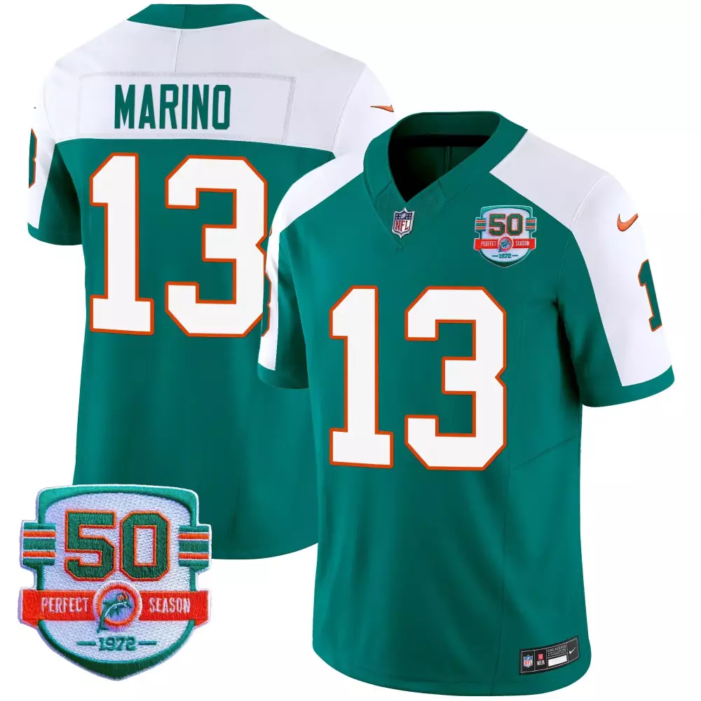 Dan Marino 13 Miami Dolphins Jersey Teal 50 Perfect Season 1972 Men Game White Orange