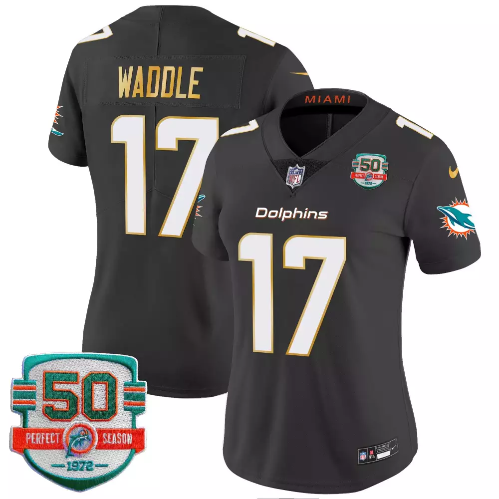 Jaylen Waddle 17 Miami Dolphins Jersey Black 50th Perfect Season 1972-2022 Women