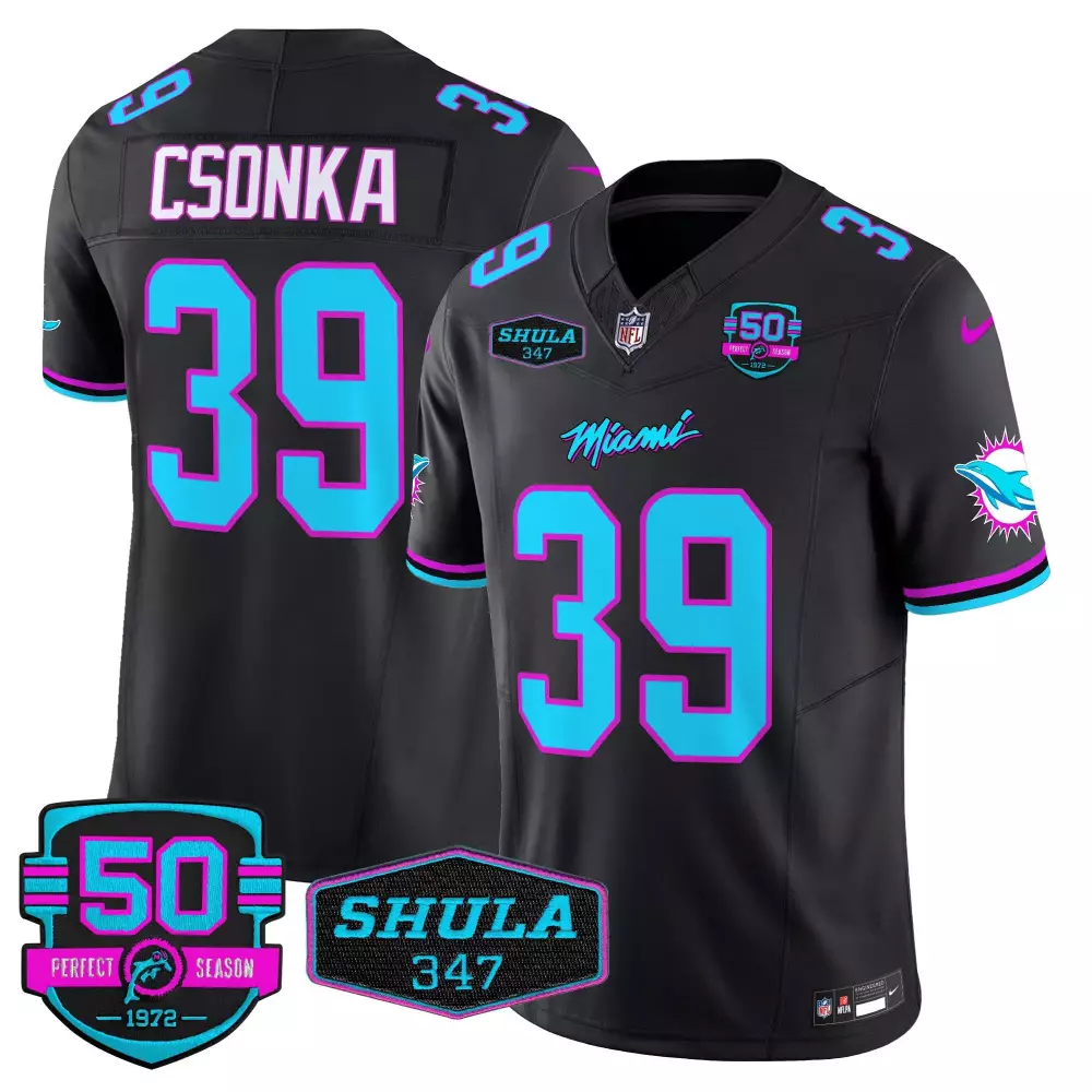 Larry Csonka 39 Miami Dolphins Jersey Black Perfect Season Shula 347 50 1972 Men