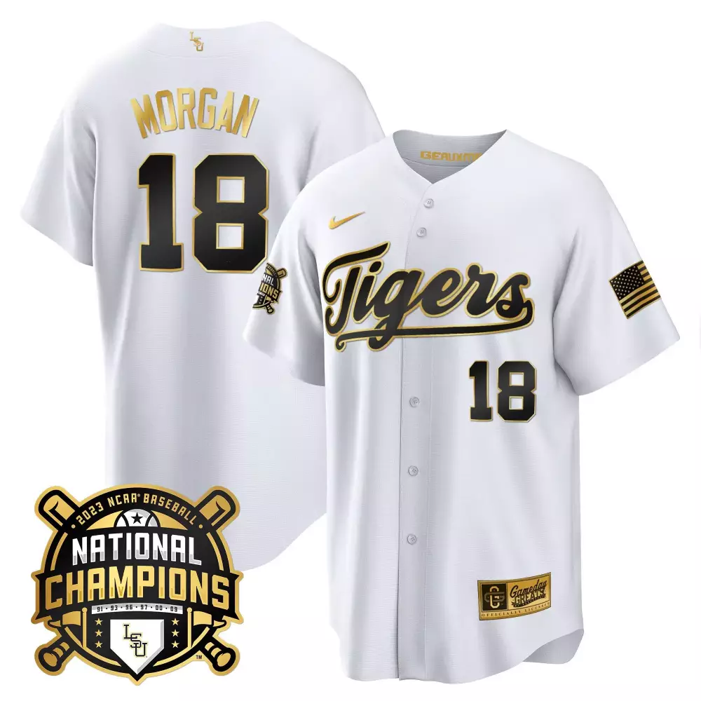 Tre Morgan 18 Lsu Tigers Jersey White 2023 National Champions Baseball American Flag