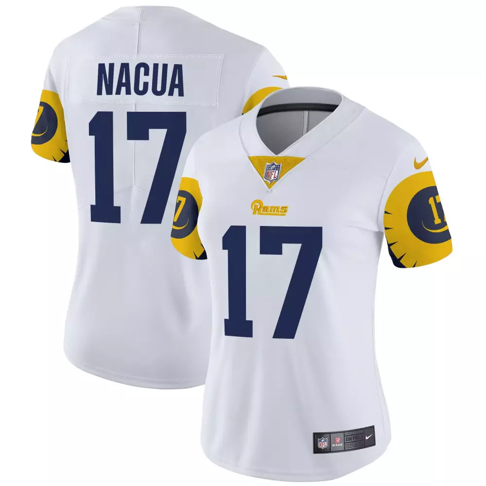 Puka Nacua 17 Rams Jersey White Women Replica Navy Blue Gold Vapor Limited All Stitched