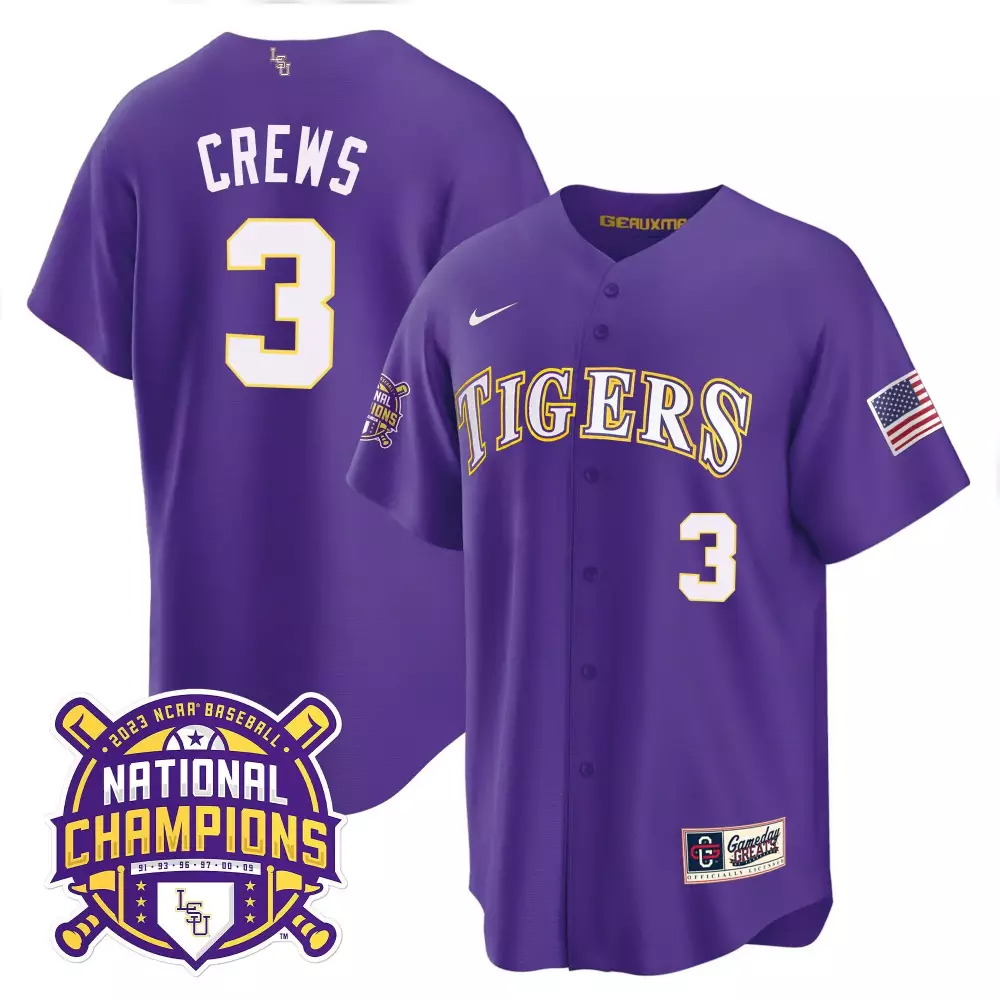 Dylan Crews 3 Lsu Tigers Jersey Purple 2023 National Champions Baseball American Flag
