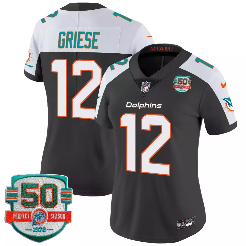 Bob Griese 12 Dolphins Jersey Gray 50th Perfect Season 1972 Women NFL Split Design