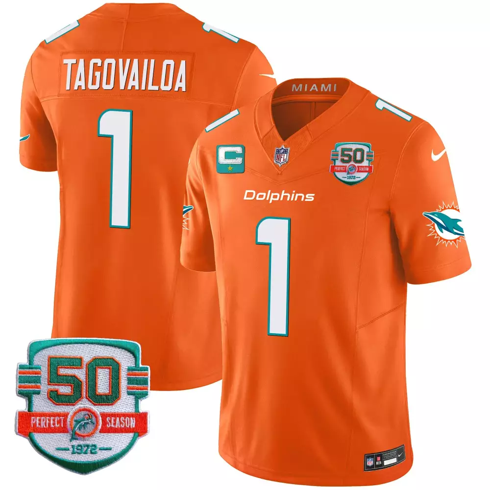 Tua Tagovailoa 1 Dolphins Jersey Orange Perfect Season 1972 50 Men Uniform White