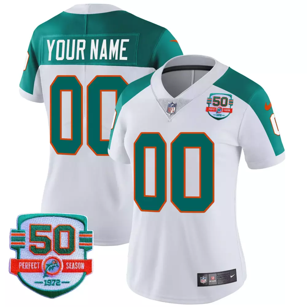Custom Miami Dolphins Jersey White 50th Perfect Season 1972 Teal Orange All Stitched