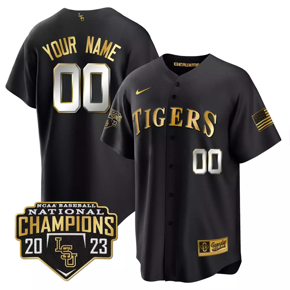 Custom Tigers Jersey Black Ncaa Baseball National Champions 2023 Us Flag Men Gold