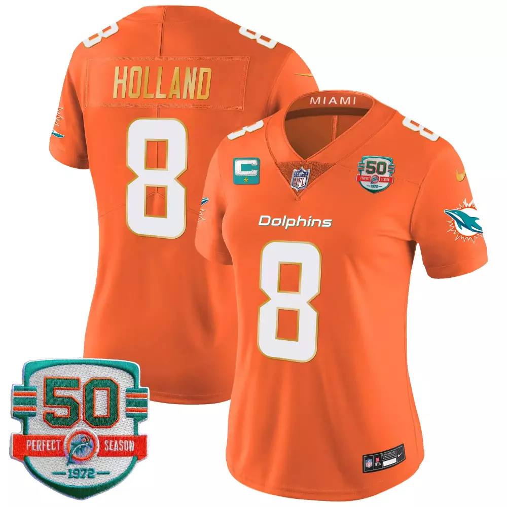 Jevon Holland 8 Miami Dolphins Jersey Orange 50 Perfect Season 1972 Women White Aqua