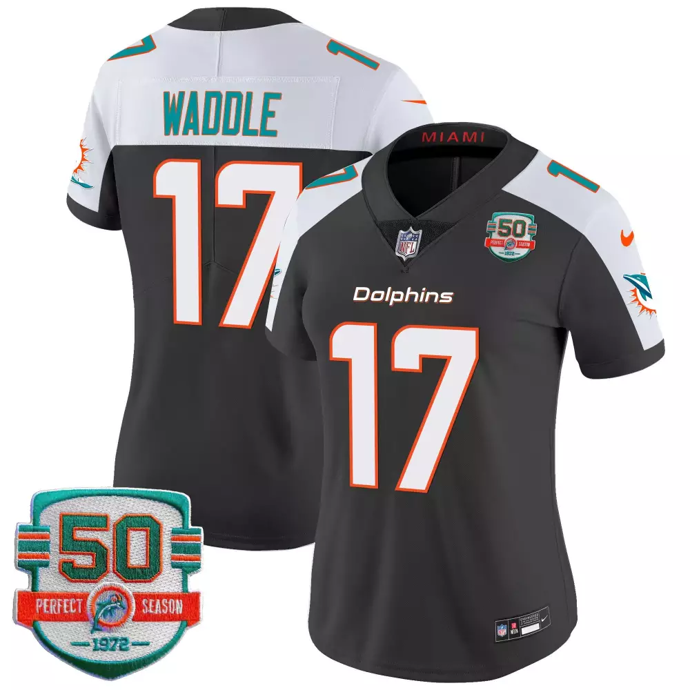 Jaylen Waddle 17 Miami Dolphins Jersey Dark Gray 50th Perfect Season 1972 Women NFL