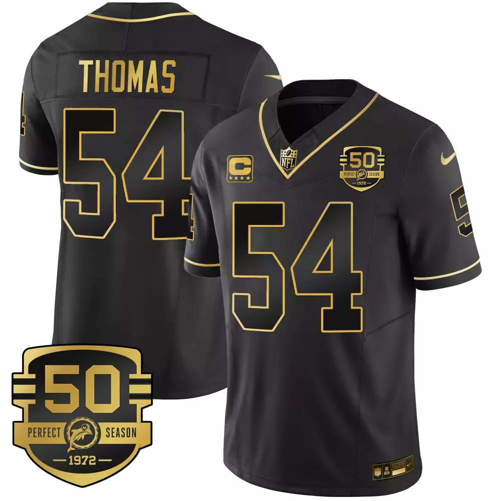 Thomas 54 Miami Dolphins Jersey Black Perfect Season 50th Anniversary Captain 1972