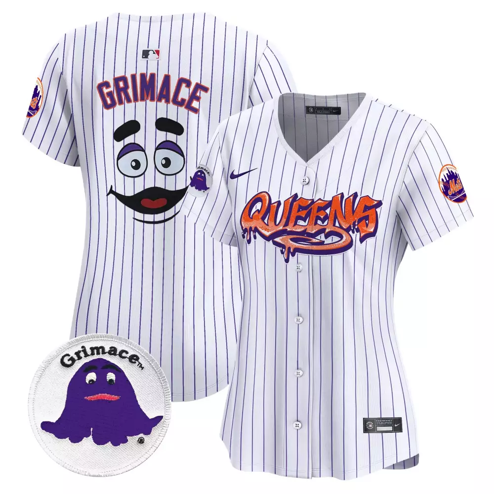 Grimace Queens 10 New York Mets Jersey White Grimace's Birthday Mascot Women Button-up